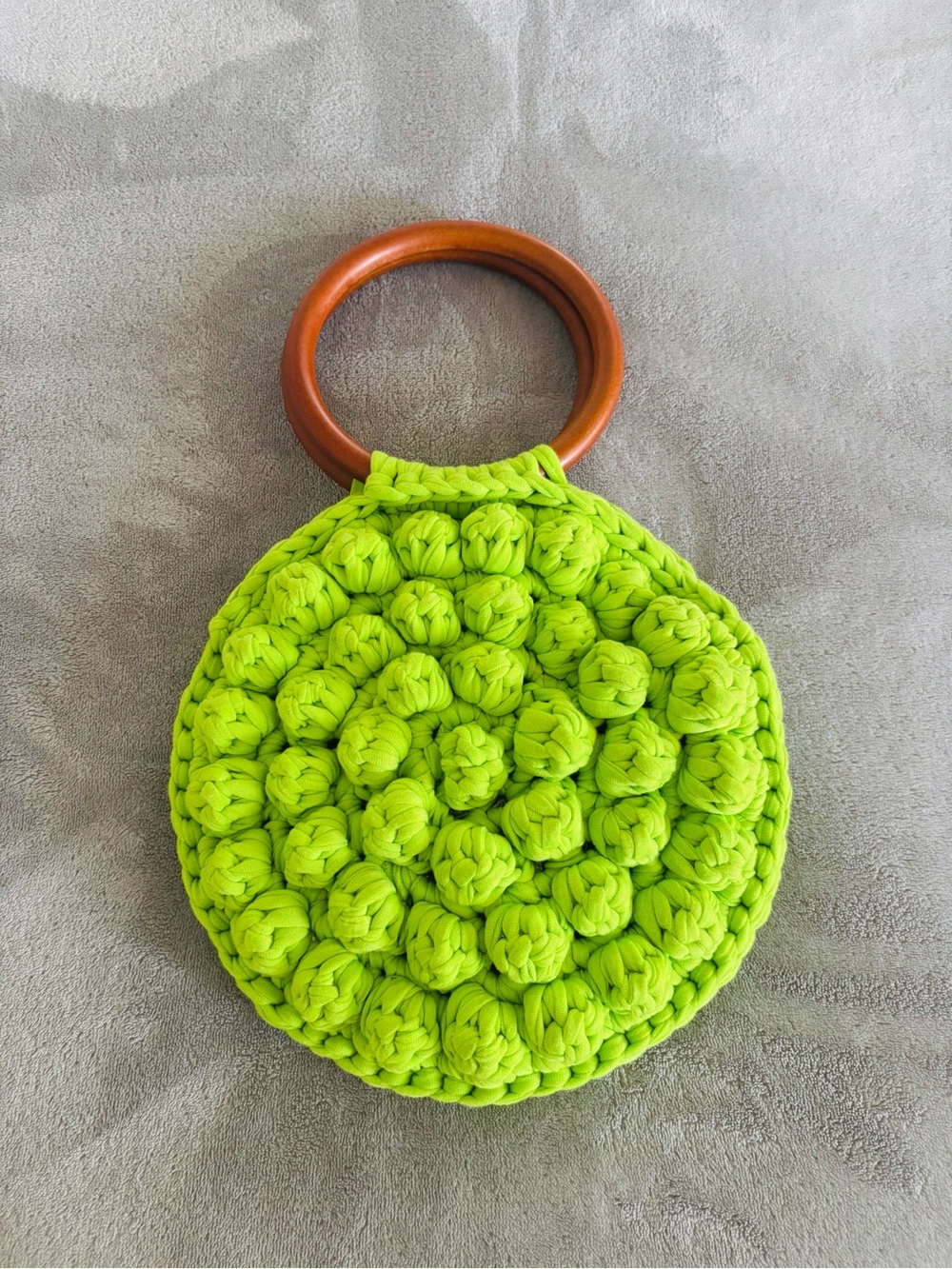 Handmade Neon Green Crochet Round Bag with Wooden Handle